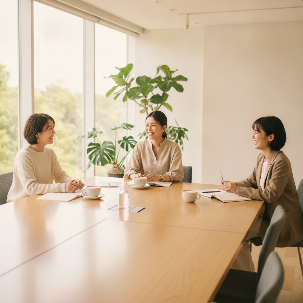 明るい会議室で観葉植物に囲まれながら、笑顔で話し合う女性3人。温かいコミュニティの雰囲気。