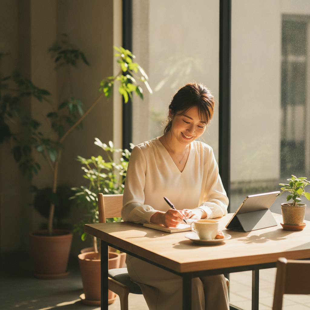 カフェの窓際でノートに向かう女性。朝の自然光の中、穏やかに仕事をする様子。