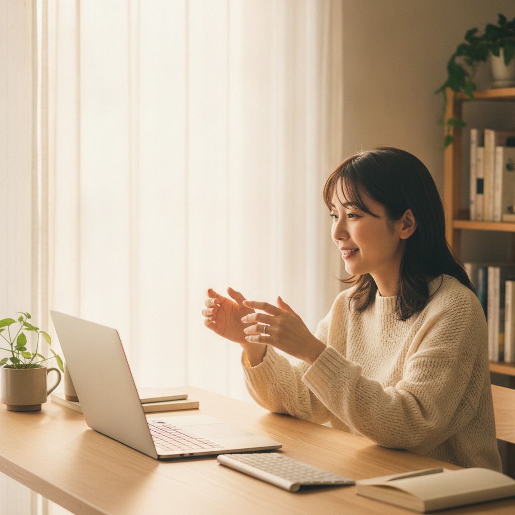 自宅でビデオ通話をしながら楽しそうに話す30代前半の女性。明るくリラックスした雰囲気。